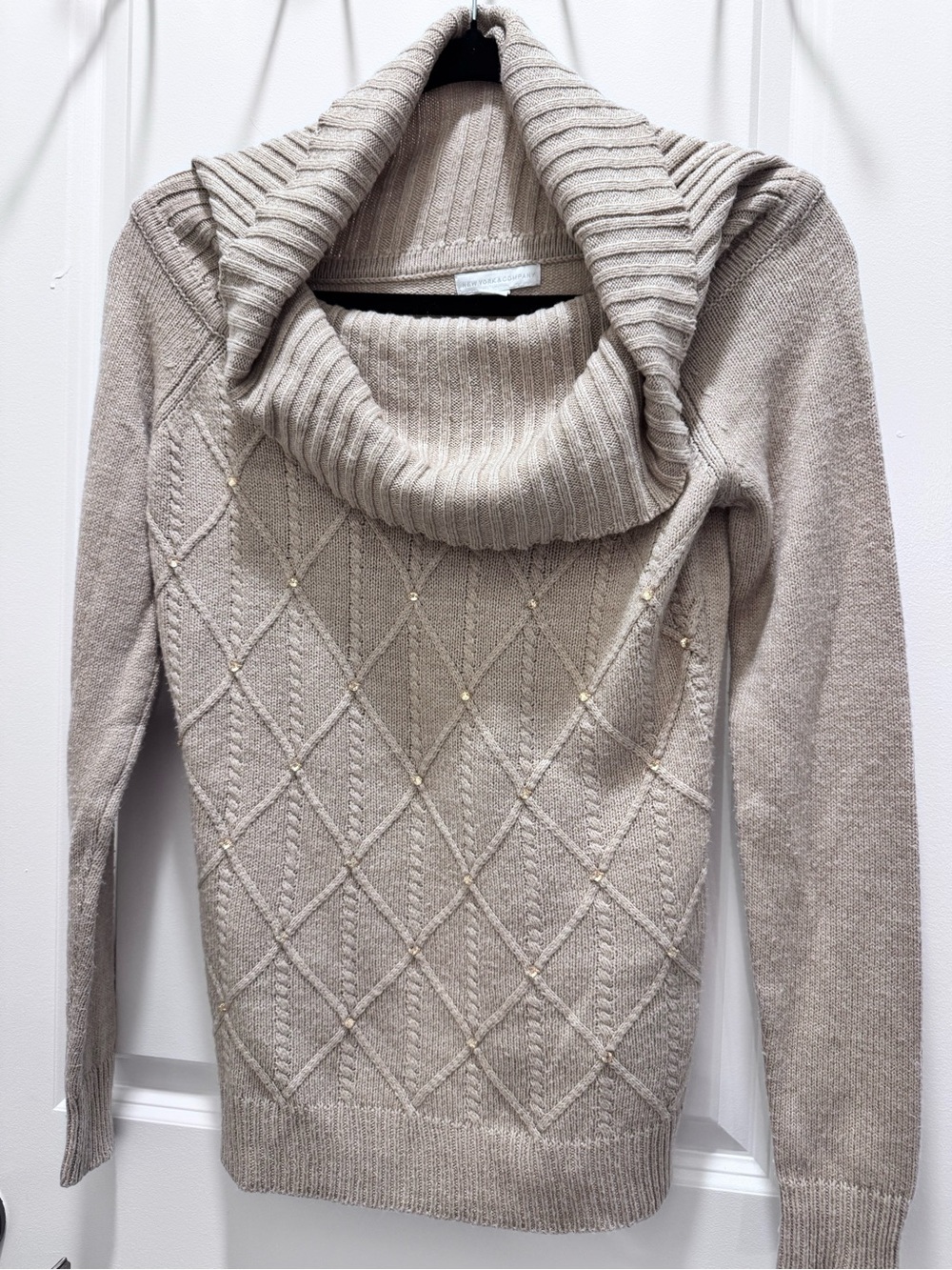 New York & Company Taupe Cowl Neck Diamond-Knit Sweater